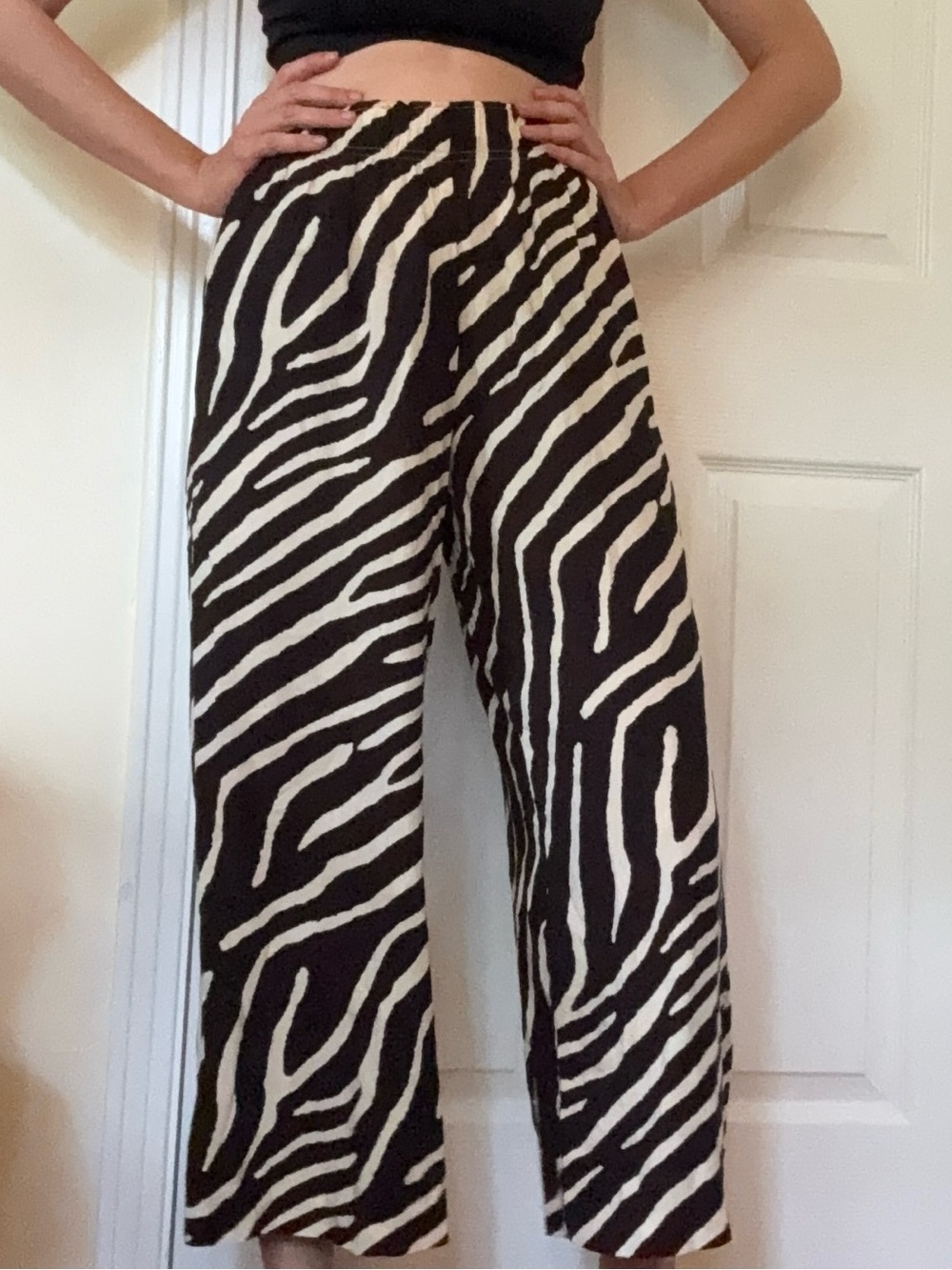 H&M Zebra-Print Wide Leg Pants in Black & Cream